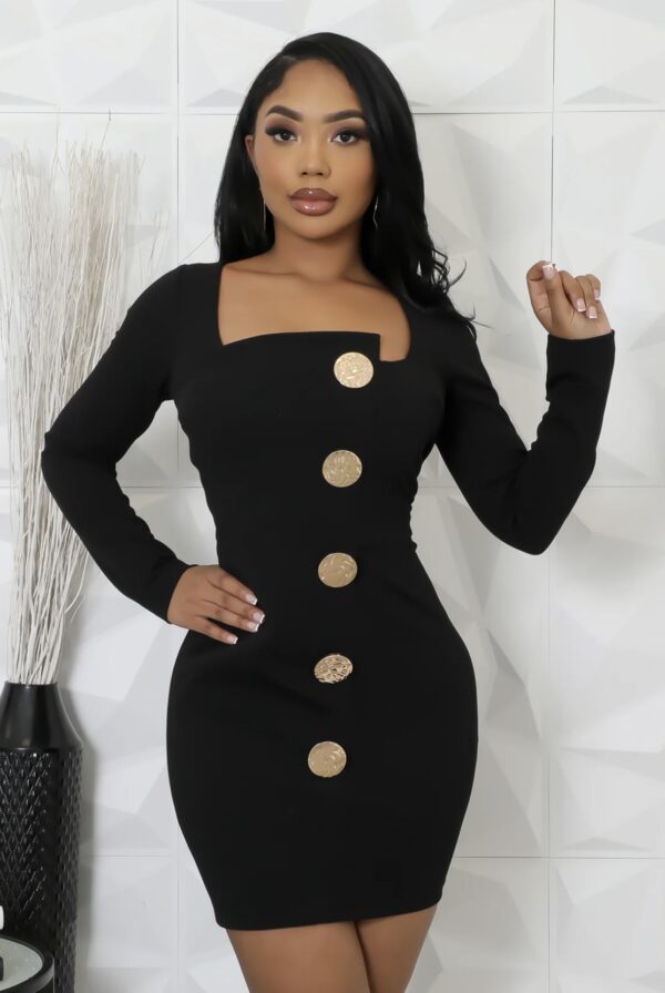 Power Play Gold Button Dress Black and Gold